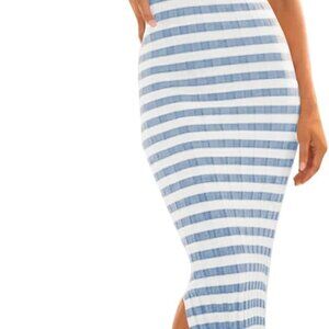 Women's 2025 Summer Bodycon Midi Dress Vacation Sleeveless Ribbed Knit Striped S